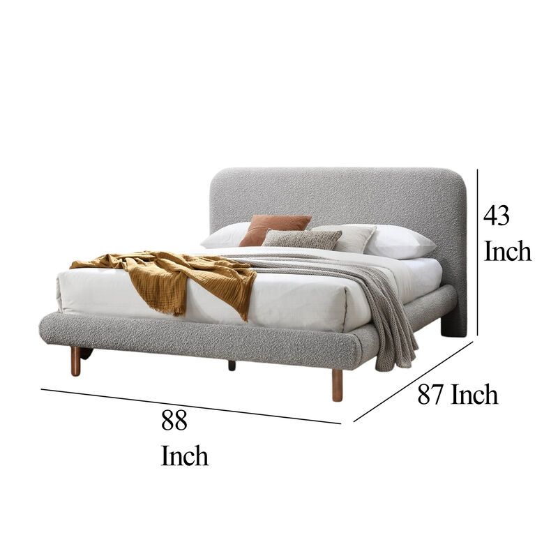 Damazy King Size Bed, Curved Edges, Gray Boucle Upholstery, Brown Wood - Benzara