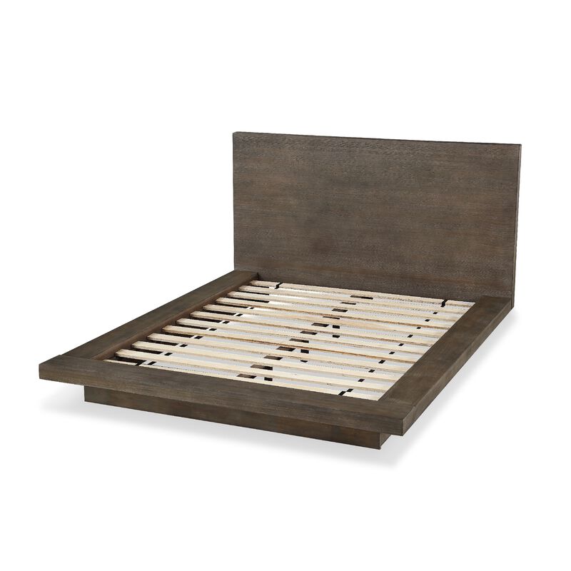 Nels Pine Wood Platform Queen Bed, Plinth Base, Distressed Brown - Benzara