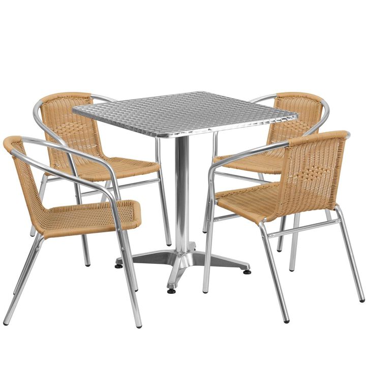 Flash Furniture Lila 27.5'' Square Aluminum Indoor-Outdoor Table Set with 4 Beige Rattan Chairs