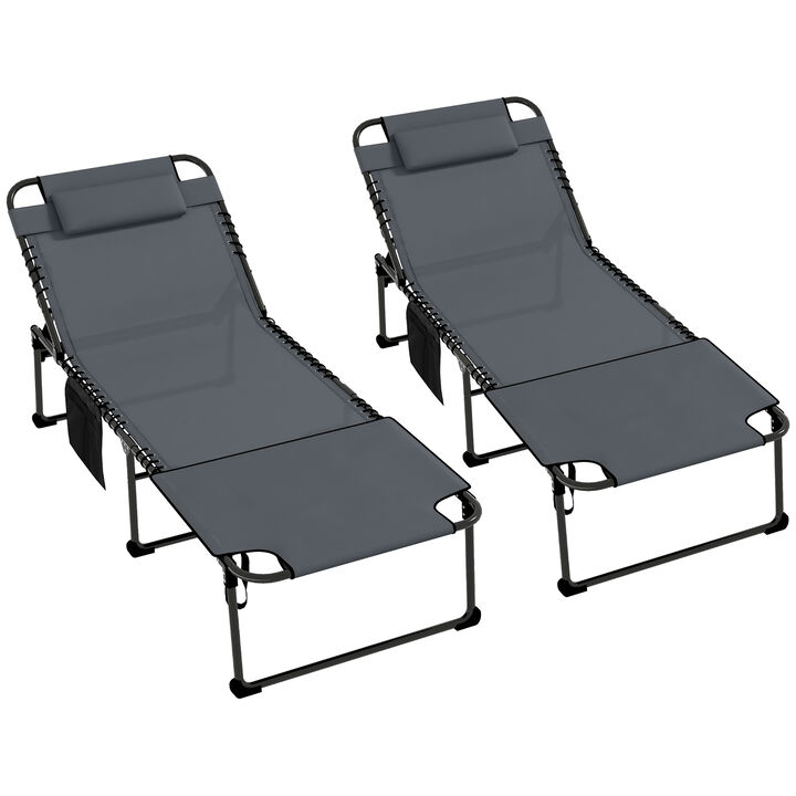 Outsunny 2 Piece Folding Chaise Lounge with 5-level Reclining Back, Outdoor Tanning Chair with Reading Face Hole, Outdoor Lounge Chair with Side Pocket & Headrest for Beach, Yard, Patio, Gray