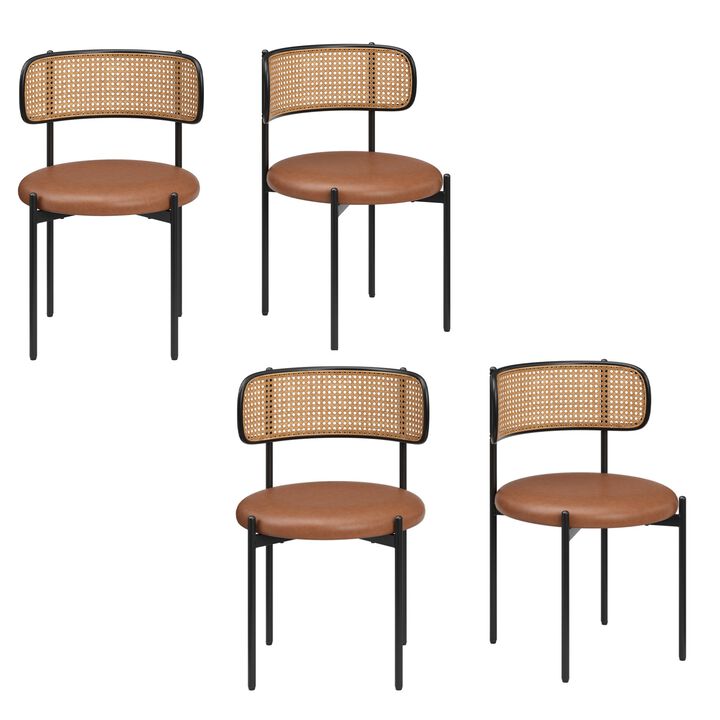 PU Leather Upholstered Seat Rattan Backrest Dining Chairs Set of 4