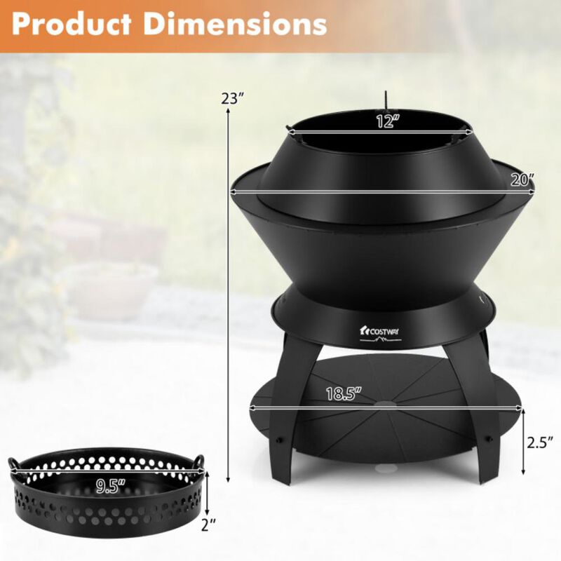 Costway 20 Inch Patio Fire Pit Metal Camping Fire Bowl with Pot Holder and Storage Shelf-Black