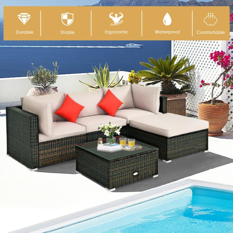 Hivvago 5 Pieces Outdoor Patio Rattan Furniture Set Sectional Conversation with Cushions