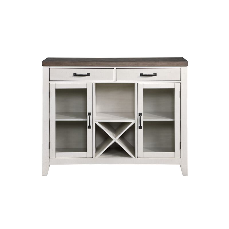 Rine 52 Inch Sideboard, 2 Drawers, 2 Doors, Wine Storage, White, Brown Wood