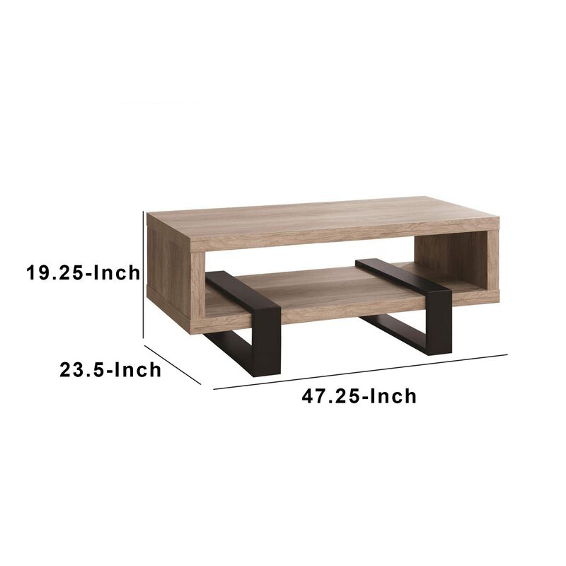 Modern Driftwood Open Shelf Coffee Table, Gray and Brown-Benzara