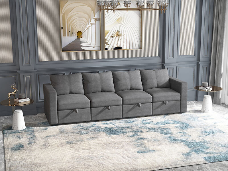 Livelylodge Modular 4-Seat Sofa with Wooden Frame and Pull-Out Bed, Convertible Sectional Sofa for Living Room, Available in Black, Beige, and Gray 109" L x 30.5" W x 34" H