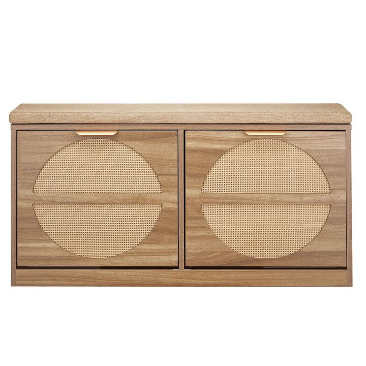Entryway Shoe Bench with Cushion, Flip Drawers and Rattan Storage Doors
