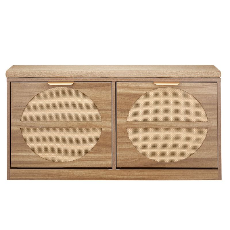 Entryway Shoe Bench with Cushion, Flip Drawers and Rattan Storage Doors image number 0