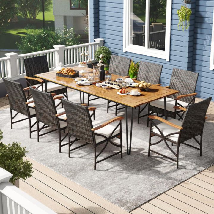 Hivvago Wicker Patio Furniture Set of 8 Armchairs with Soft Cushions and Acacia Wood Square Table