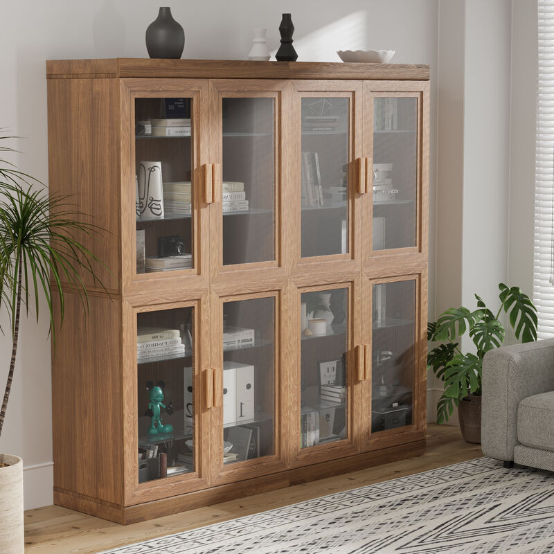 62" High Glass Door Wood Grain Decorative Storage Cabinet Display Cabinet, with Sufficient Space for 12 Shelves image number 1