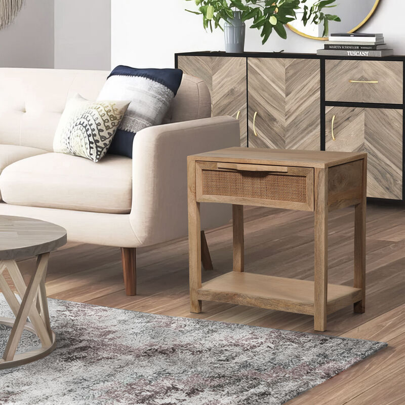 Rosette 22 Inch Accent Side Table, Rattan Front Drawer, Open Shelf, Natural Brown Mango Wood Frame