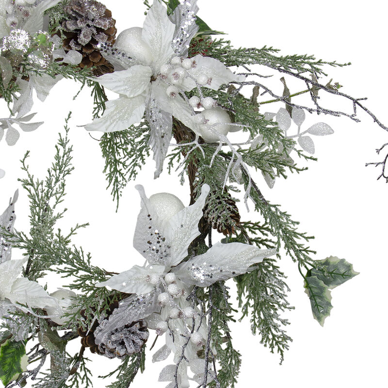 Iced White Poinsettia Artificial Christmas Wreath - 22 inch  Unlit