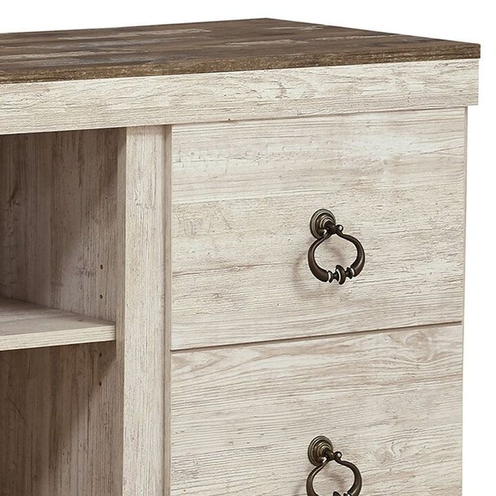 60 Inch Rustic TV Media Entertainment Console, Round Handles, Wood, White - Benzara