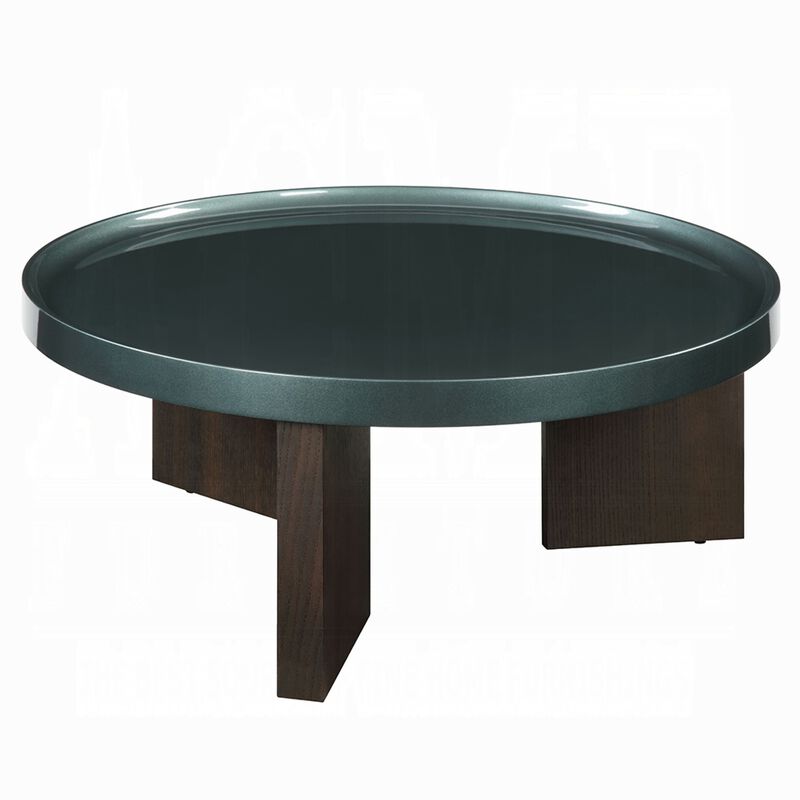 Lexy Coffee Table, 35 Inch Round Top, Low Profile High Gloss Blackish Green image number 0