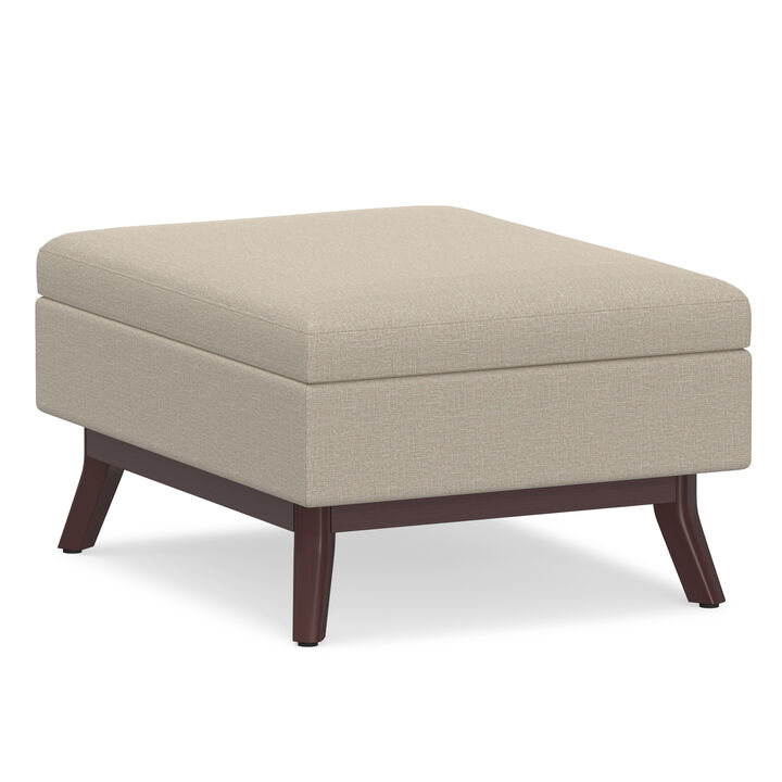 Owen 34 inch Wide Mid Century Modern Rectangle Coffee Table Storage Ottoman in Natural Linen Look Fabric, Assembled