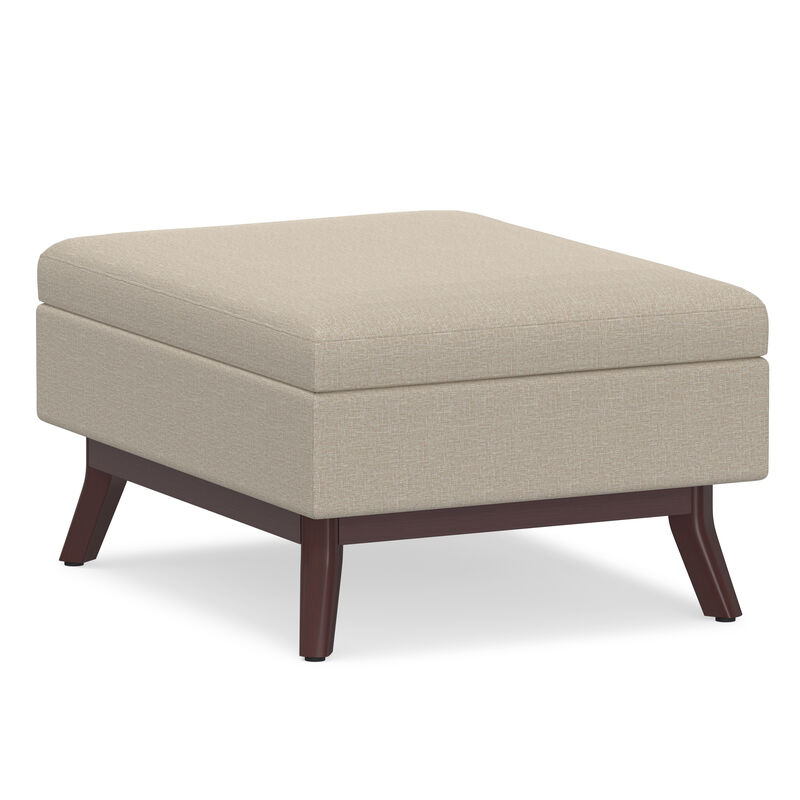 Owen 34 inch Wide Mid Century Modern Rectangle Coffee Table Storage Ottoman in Natural Linen Look Fabric, Assembled image number 0
