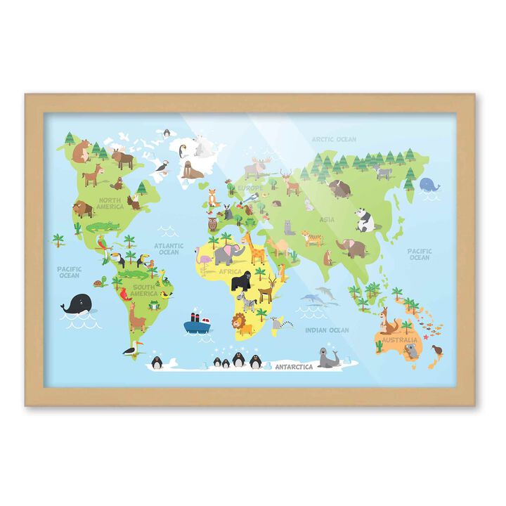 12x18 Framed Nursery Wall Art Animals Around the World Map Poster In Natural Wood Frame For Kid Bedroom or Playroom