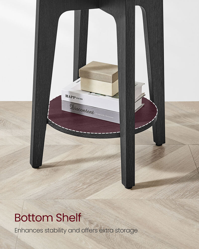 Minimalist Round End Table &ndash; Small Table with Lower Shelf for Sofa Side or Bedside Storage Needs
