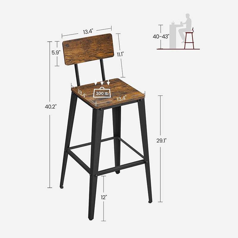 Set of 2 Tall Bar Stools with Backrest for Kitchen Island or Home Bar