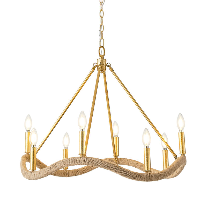 8-Light Bohemian Gold Natural Jute Large Candle Chandelier