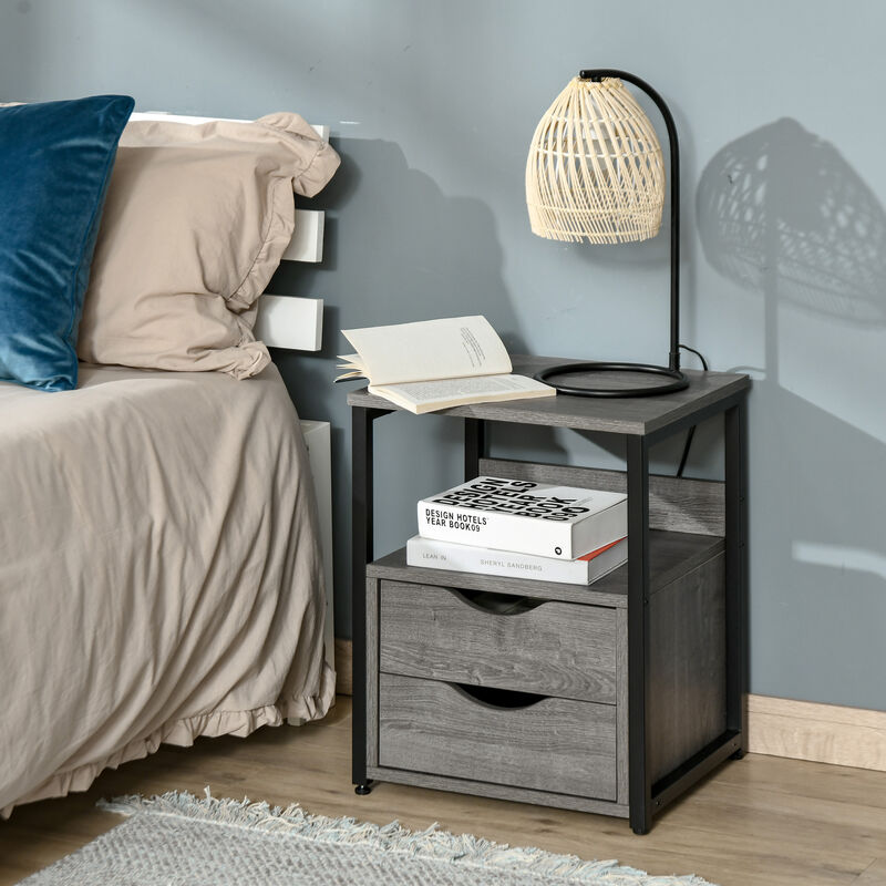 HOMCOM Industrial Side Table, End Table with Storage Shelf and 2 Drawers, Accent Bedside Table with Metal Frame for Living Room, Gray