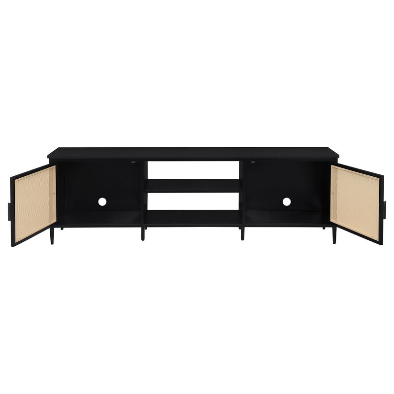 Lanie TV Stand Media Cabinet with 2 Door, PE Cane Front, Black Metal - Benzara