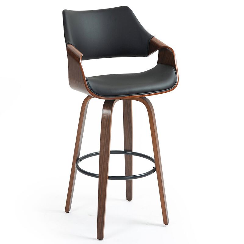 Glamour Home Beasley Black Faux Leather Bar Stool with Walnut Wood Legs