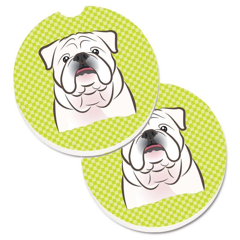 Caroline's Treasures Checkerboard Lime green White English Bulldog Set of 2 Cup Holder Car Coasters BB1282CARC, 2.56, Multicolor