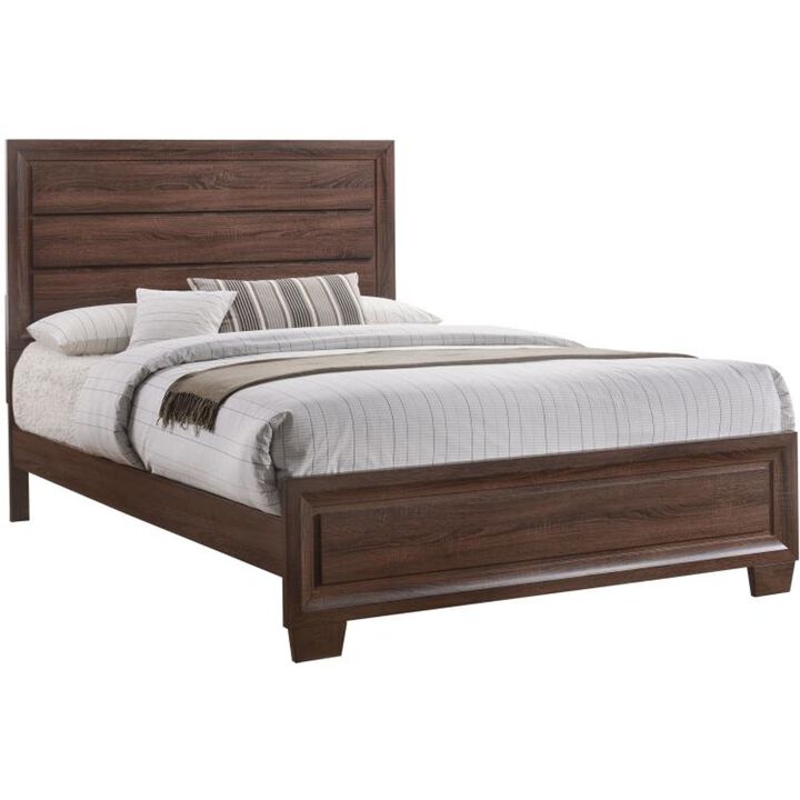Transitional Wooden Eastern King Size Bed with Plank Headboard, Brown-Benzara