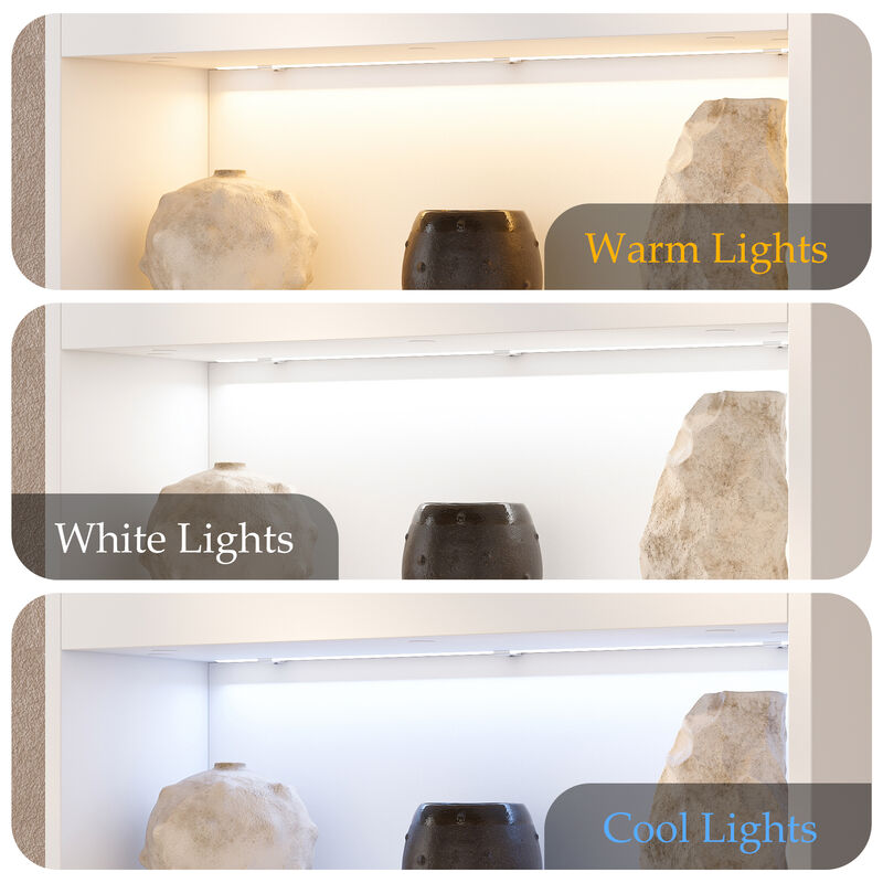 FUFU&GAGA Wooden Reception Desk with Storage Shelves Two Socket Slots 3-Color LED Light and USB Port 23.2 in. W x 15.27 in. D x 41.1 in. H White