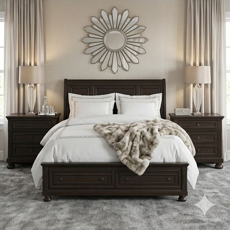 Queen Size Bedroom Set, Brown Finish, Storage Bed with Drawers, 3-Piece Set with Bed and Two Nightstands image number 1
