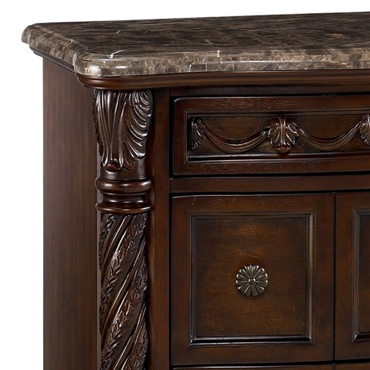 Nightstand with 3 Drawer and Ornate Carved Applique, Brown-Benzara