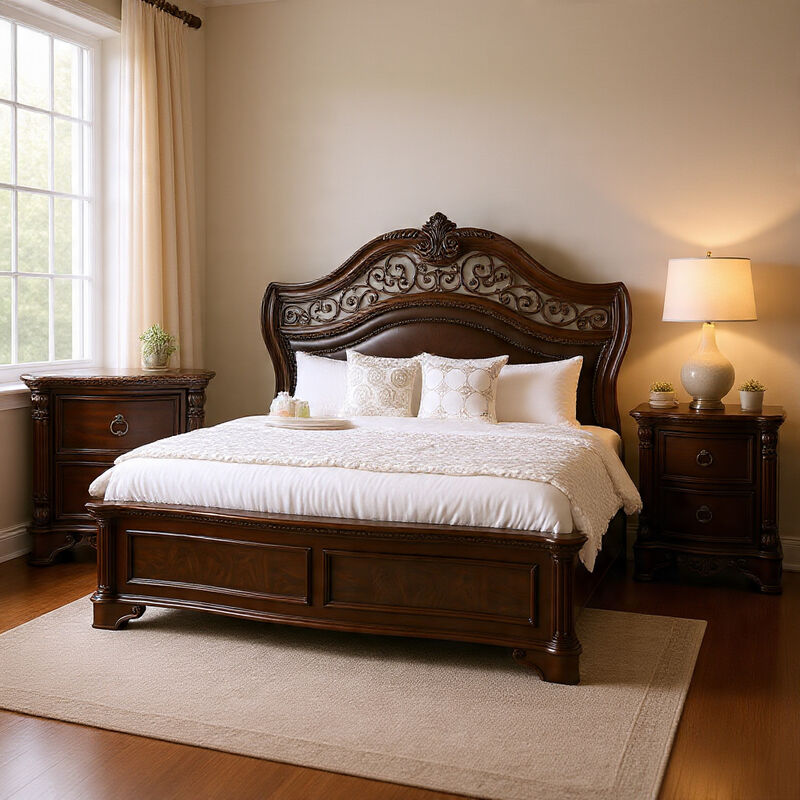 Queen Bedroom Set in Brown Cherry & Gold Wood &ndash; 2 Piece Set with Nightstand image number 8
