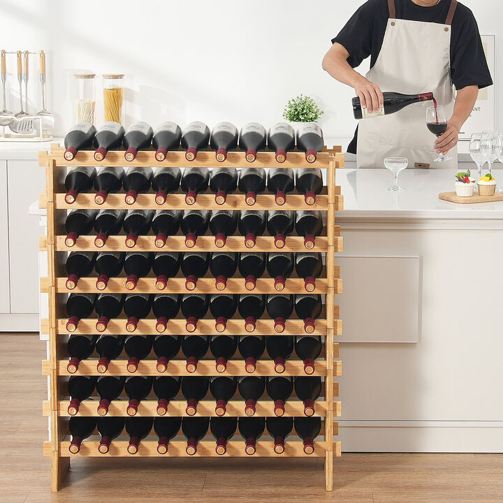 72 Bottle Modular Wine Rack, 8-Tier Wicker Wood Shelf for Bottle Storage and Display