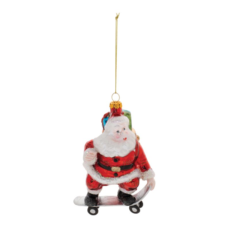 Whimsical Santa on Skateboard Ornaments &ndash; Set of 6 Glass Christmas Decorations for Kids and Fun-Loving Decor
