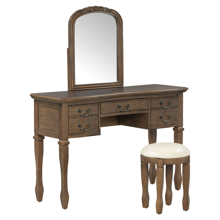 Merax 5-Drawer Vintage Vanity Table with Floral Carvings, Espresso Finish, Antique Metal Hardware