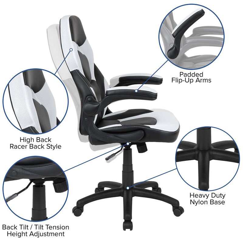 Flash Furniture Gaming Desk and White/Black Racing Chair Set /Cup Holder/Headphone Hook/Removable Mouse Pad Top - 2 Wire Management Holes