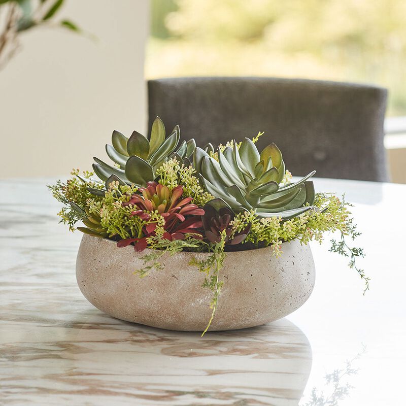 Round Artificial Succulent Arrangement, Natural Planter image number 1