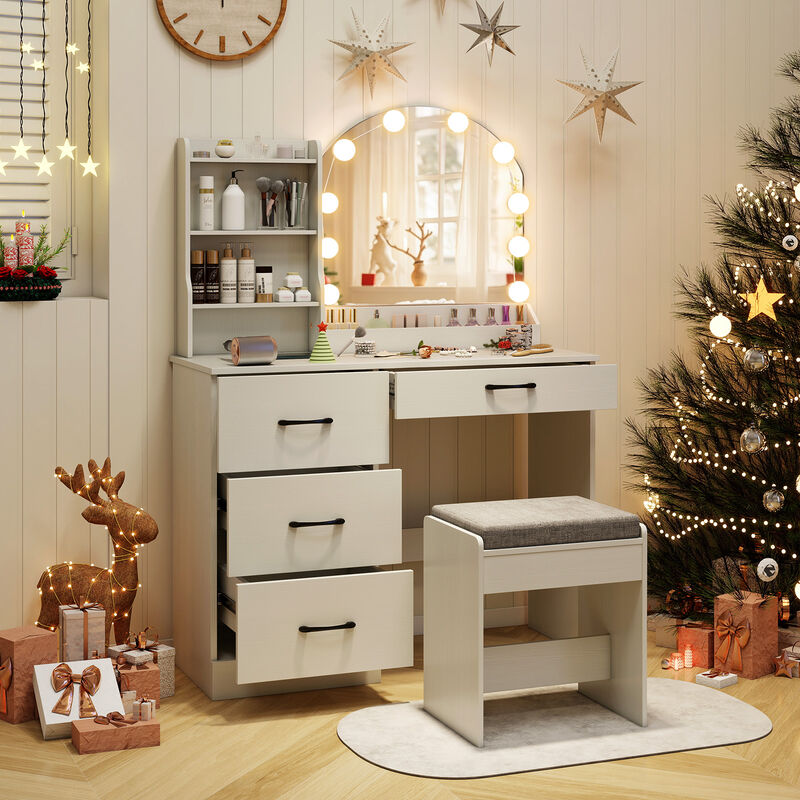 Makeup Vanity Desk Dressing Table and Stool Set with Mirror and Lights