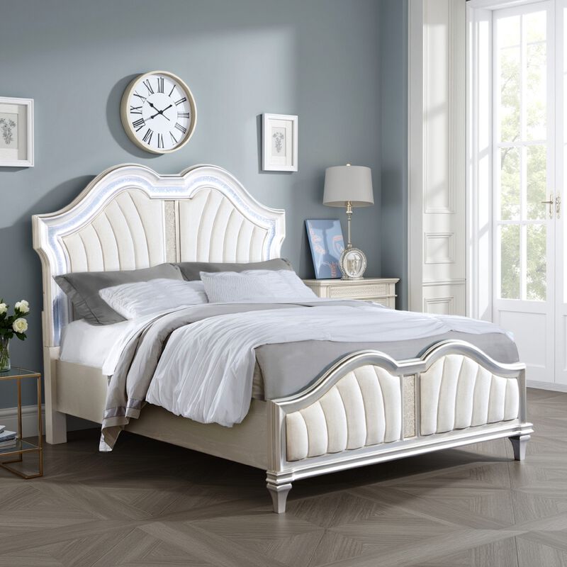 Nive Queen Bed, Oak Wood, Double Arched Upholstered Headboard, Ivory Silver - Benzara