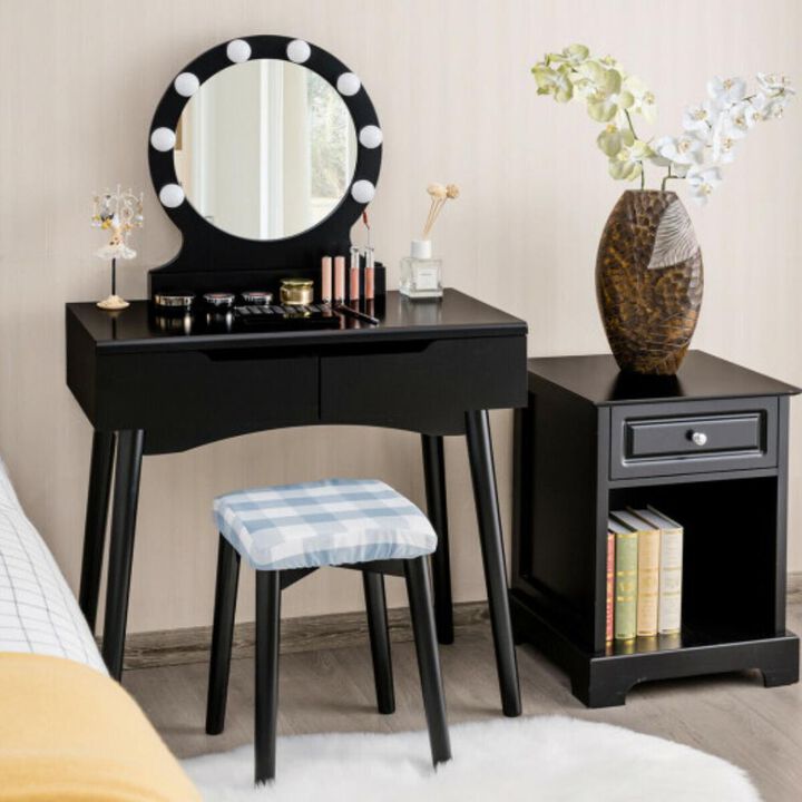 Dressing Table with Large Round Mirror and 8 Light Bulbs for Bedroom