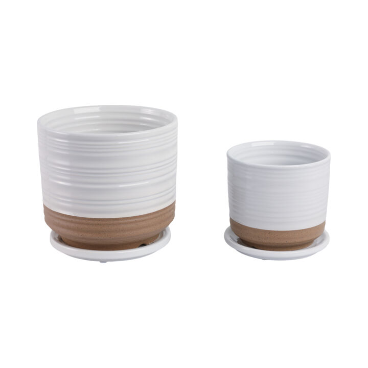 S/2 6/8" Ribbed Planter Saucer, White/tan