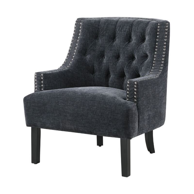 Daisie Accent Armchair, Button Tufted Black Chenille, Solid Wood