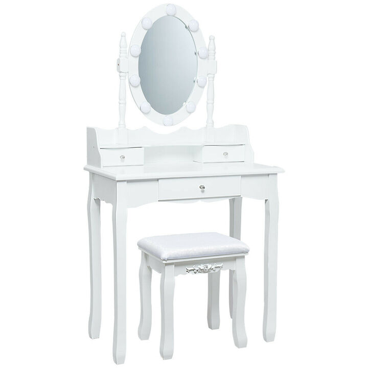 Vanity Set with Oval LED Mirror, 10 Dimmable Bulbs & 3 Drawers