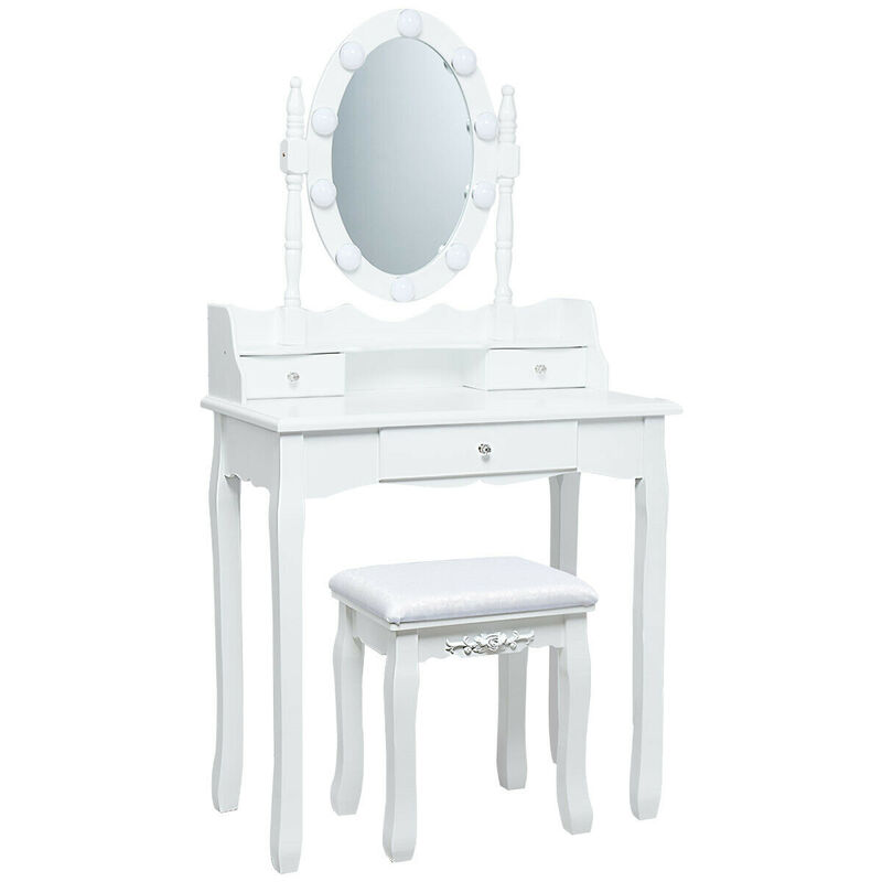Vanity Set with Oval LED Mirror, 10 Dimmable Bulbs & 3 Drawers