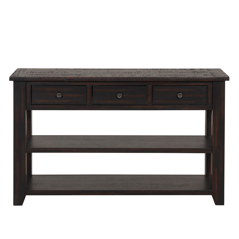 Whisen Classic Vintage Design Console Table with 3 Storage Drawers and 2 Shelves - Distressed Black