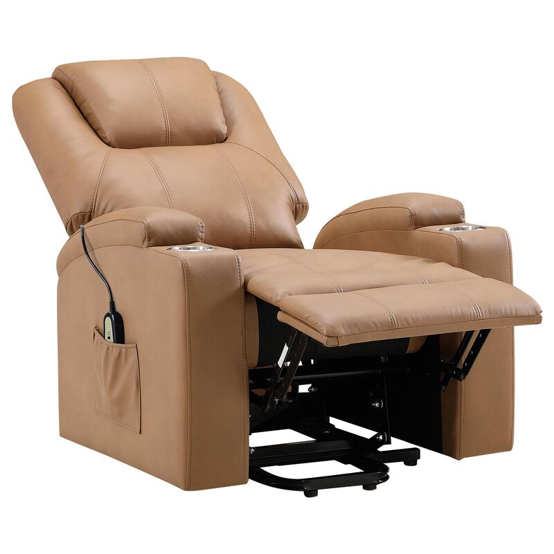 Stoy Power Lift Recliner Chair, Massage, 36 Inch Brown Faux Leather - Benzara