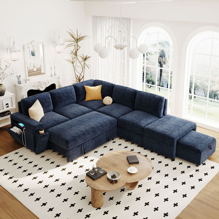 Merax Modular L-Shape Sofa Bed with Hidden Storage, USB Charging & Cup Holders