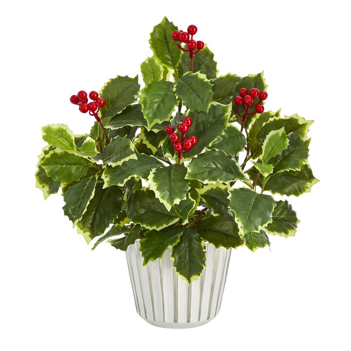 HomPlanti 13" Variegated Holly Leaf Artificial Plant in White Planter with Silver Trimming (Real Touch)