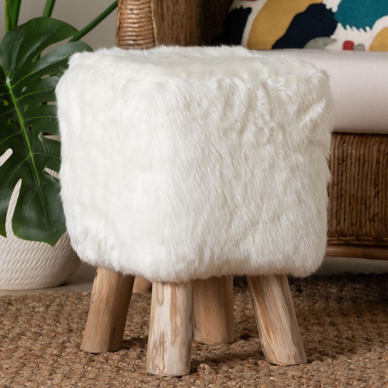 bali & pari Scotlyn Faux Fur Footstool with Teak Wood Legs - Rustic Boho Accent Seat, Handmade Decorative Footrest for Living Room or Bedroom, White image number 4